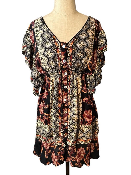 Angie Dresses & Skirts - Angie Boho Mini Dress Womens Medium Black Floral Patchwork Button Front Flowy